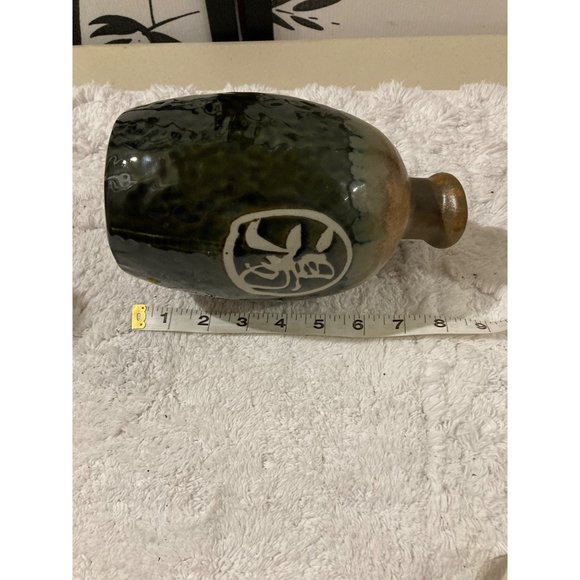 Vintage Handled Pottery Saki Bottle Green - Picture 5 of 6